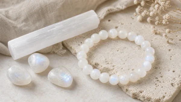 Pierre de lune et selenite sur fond clair