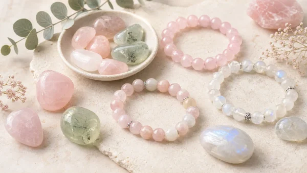 Bracelets en Quartz rose, Pierre de lune, Morganite et Préhnite dans des tons pastel