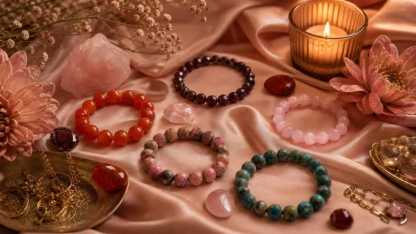 Cornaline, grenat, quartz rose, rhodonite et chrysocolle pour illustrer la confiance, la sensualité et l’amour de soi