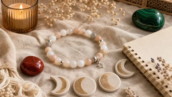 Bracelet en pierre de lune multicolore naturelle avec perles blanches, pêche et grises pour un guide sur les cycles féminins