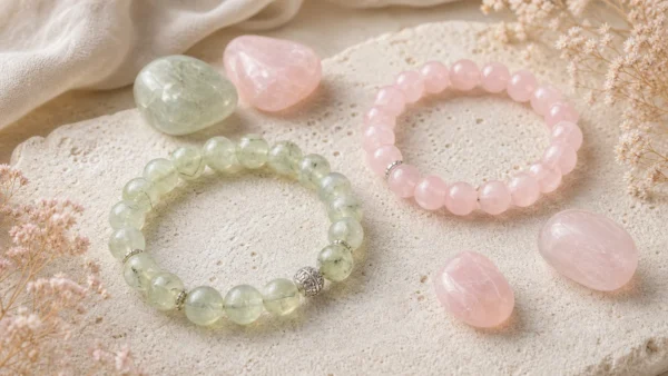 Bracelets en Préhnite et Quartz rose avec pierres polies vertes et roses