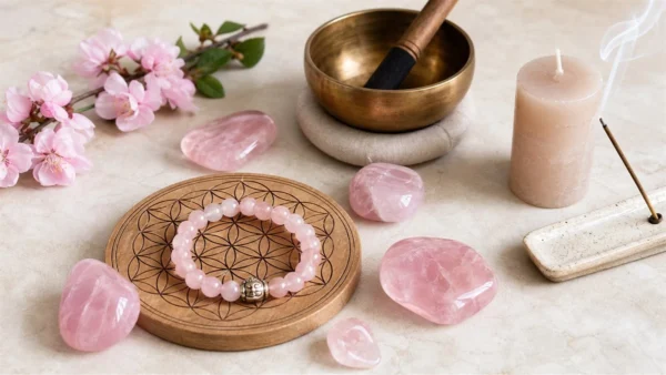 Quartz rose avec fleur de vie, bol, bougie et lumiere douce pour l'entretien des pierres