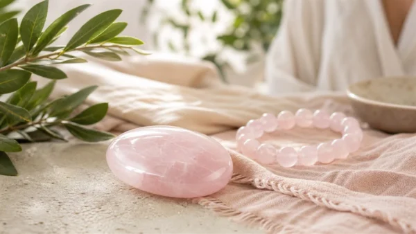 Quartz rose posé près du cœur avec ambiance de méditation douce