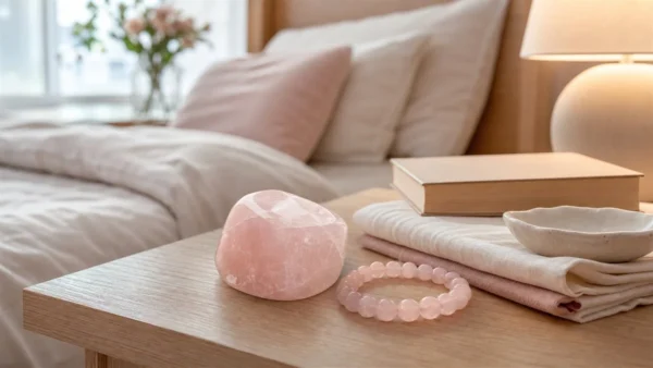 Quartz rose sur une table de nuit avec livre, lampe douce et linge clair