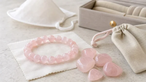 Quartz rose naturel avec bracelet, pendentif et galet pour la lithotherapie
