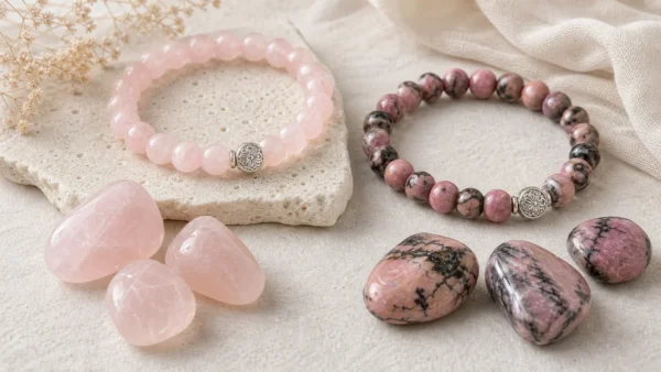 Bracelets quartz rose et rhodonite sur fond clair