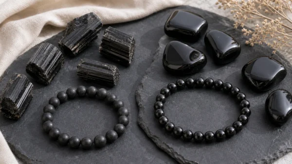 Tourmaline noire ou obsidienne avec bracelets et pierres naturelles noires