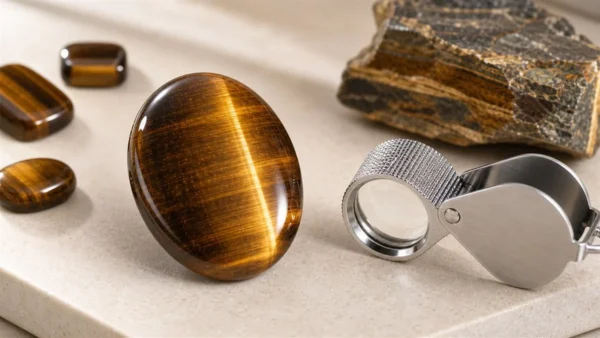 Pierre œil de tigre observée avec une loupe pour contrôler sa chatoyance