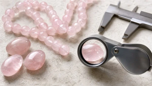 Quartz rose observé avec une loupe pour examiner sa couleur et ses inclusions naturelles