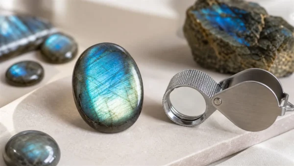 Labradorite naturelle observée avec une loupe pour vérifier ses reflets