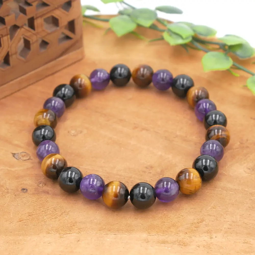 Bracelet en œil de tigre, améthyste et tourmaline naturelle