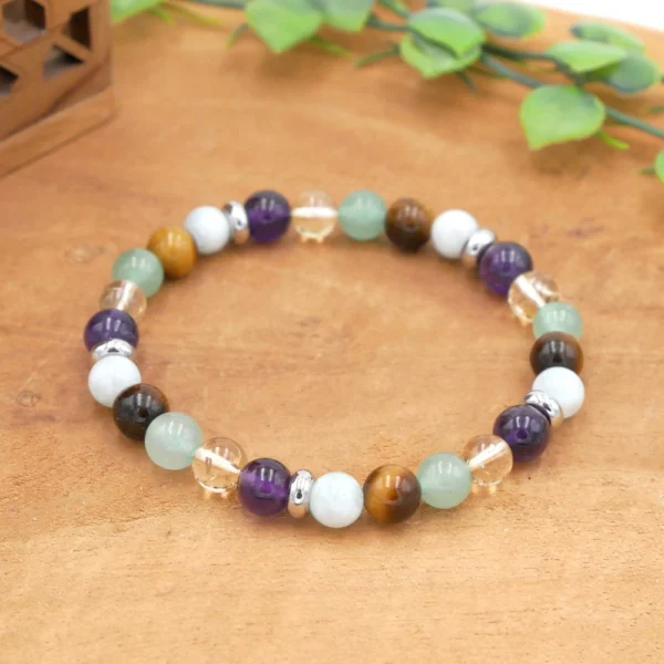 Bracelet pierres naturelles en Améthyste, Citrine naturelle, Aventurine verte, Œil de tigre, Jade de Birmanie